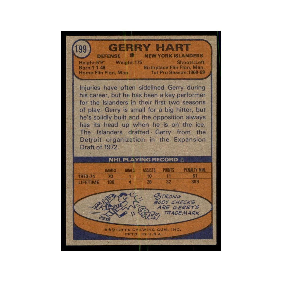 Gerry Hart 1974 Topps (damaged) #199 Hockey Cards Hockey Card NM