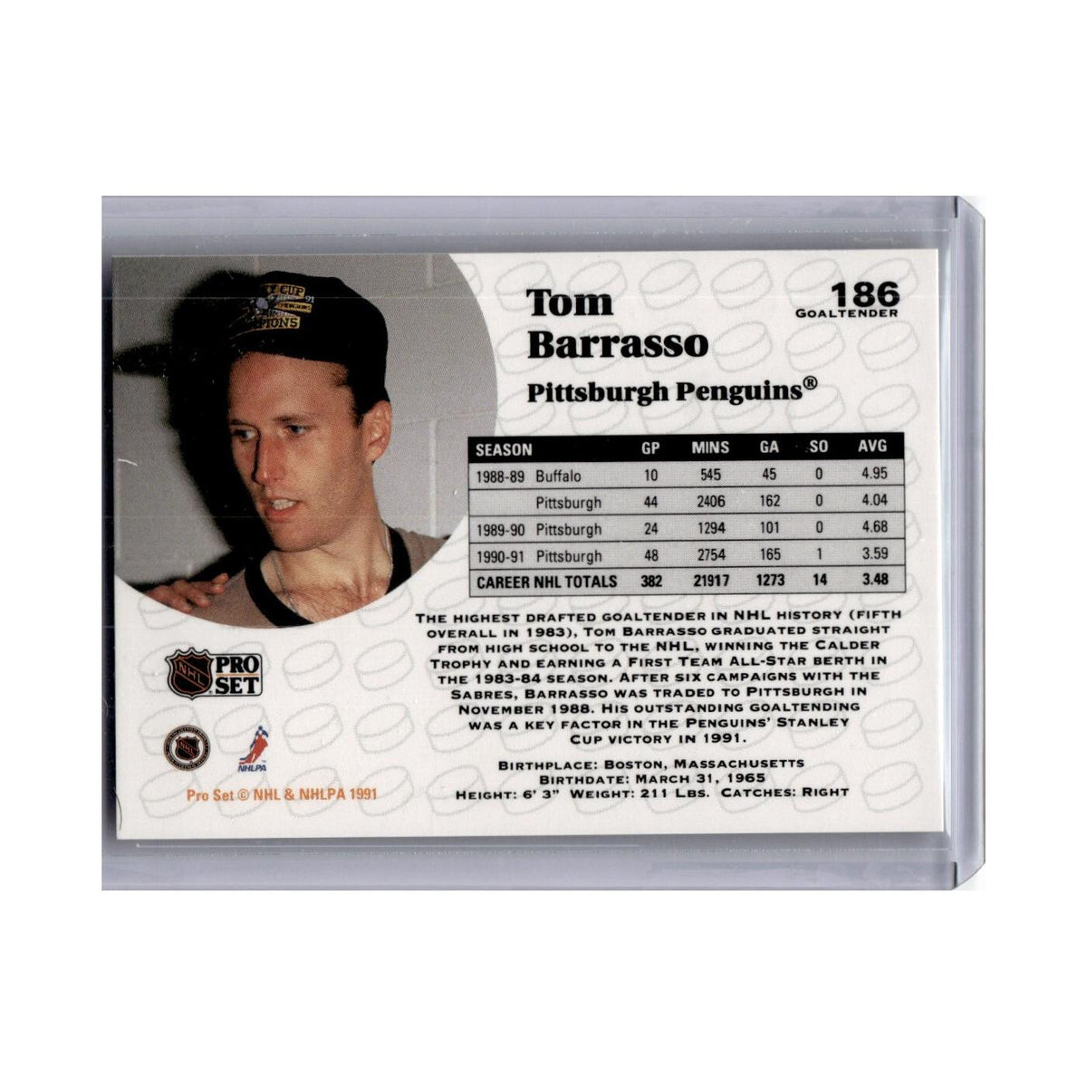 Tom Barrasso 1991 Pro Set #186 Pittsburgh Penguins Hockey Card NM