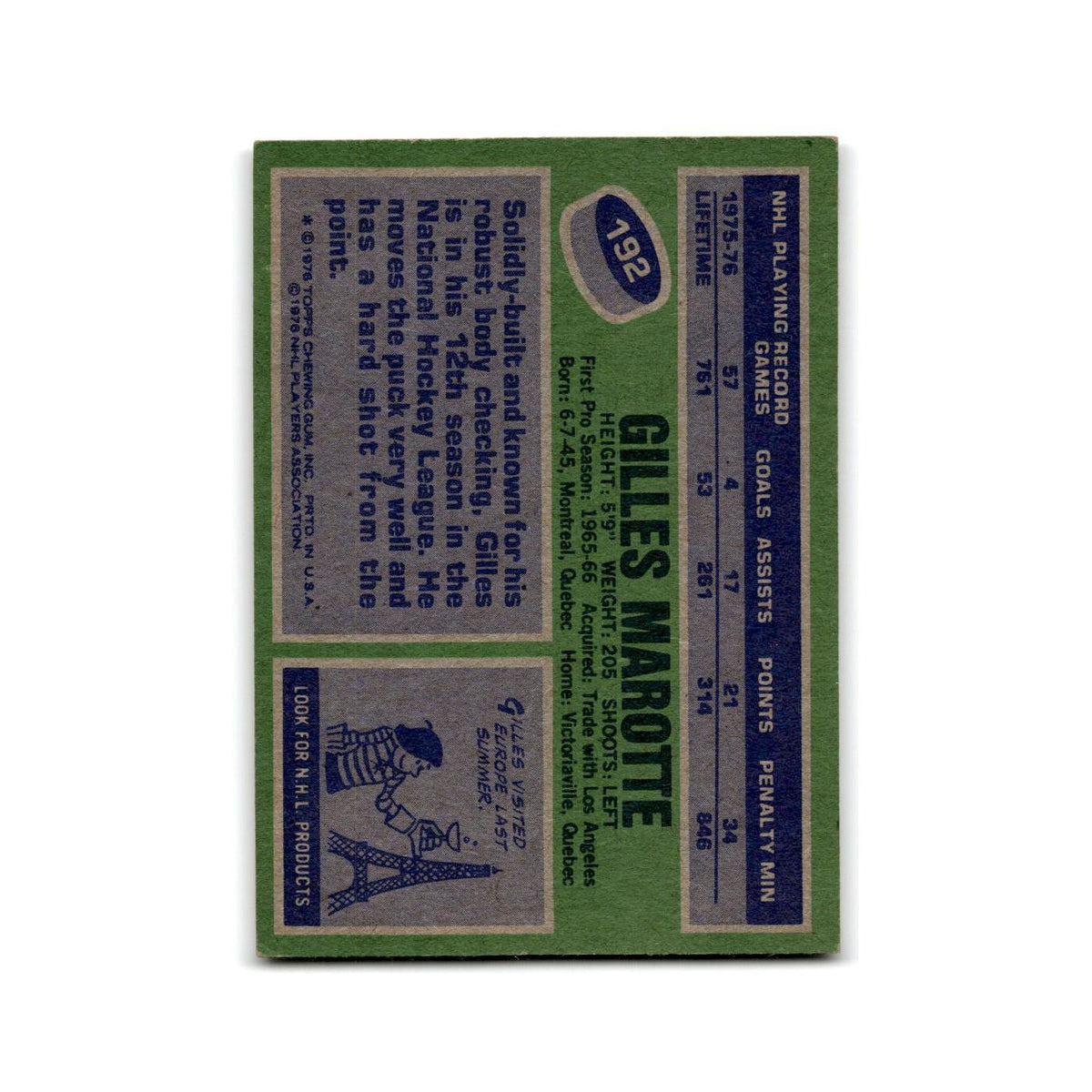1976 Topps Gilles Marotte New York Rangers #192