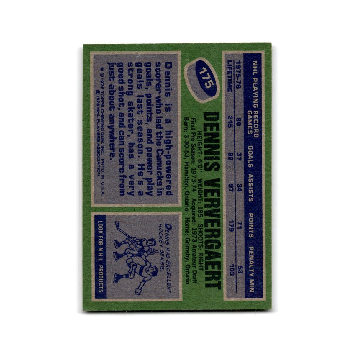 1976 Topps Dennis Ververgaert Vancouver Canucks #175
