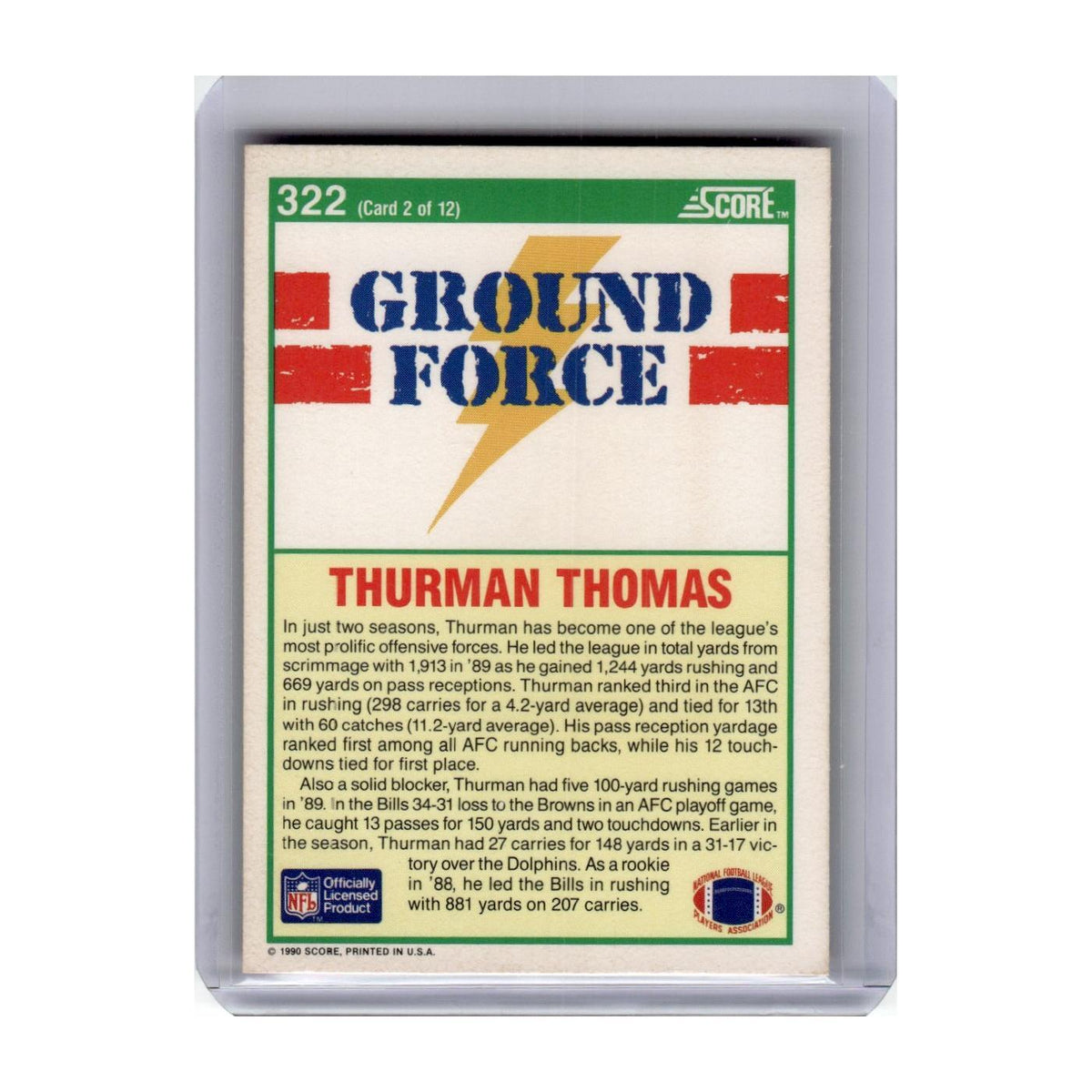 1990 Score Thurman Thomas Bills #322