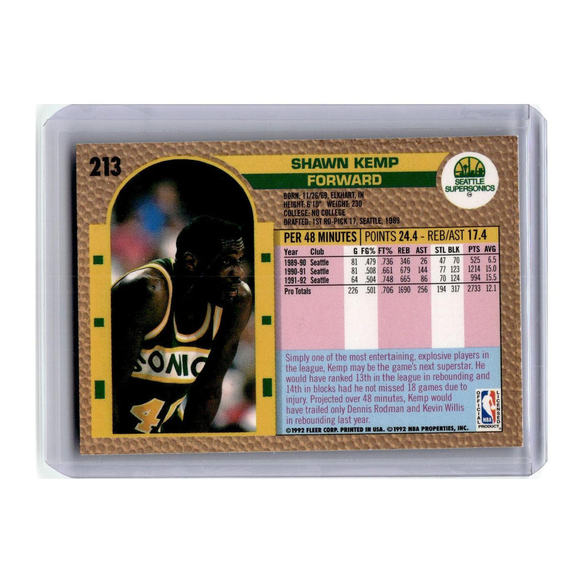 1992 Fleer Shawn Kemp Seattle SuperSonics #213