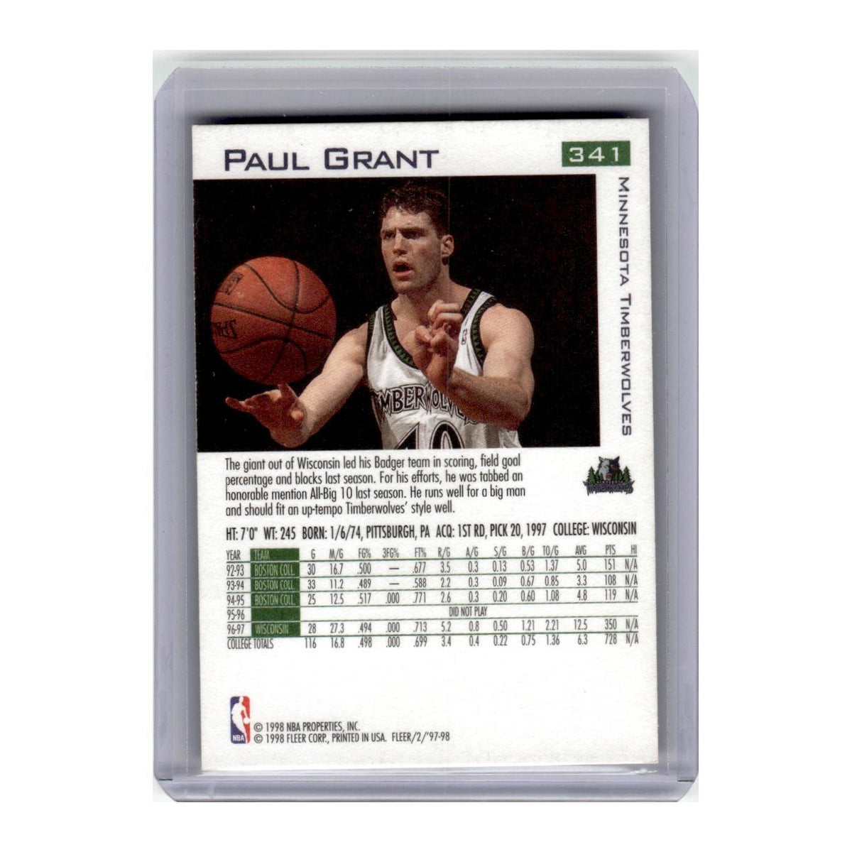 1997 Fleer Paul Grant Timberwolves #341