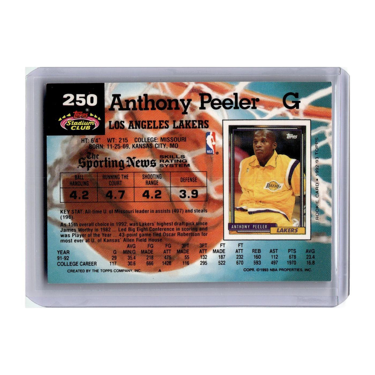 1992 Stadium Club Anthony Peeler Lakers #250