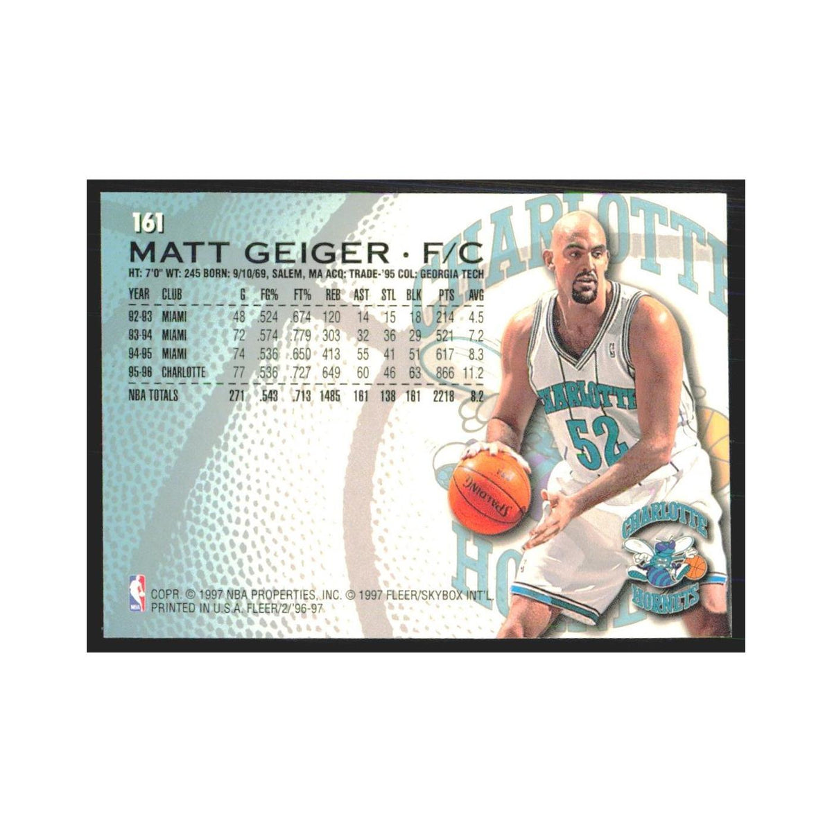 1996 Fleer Matt Geiger Hornets #161