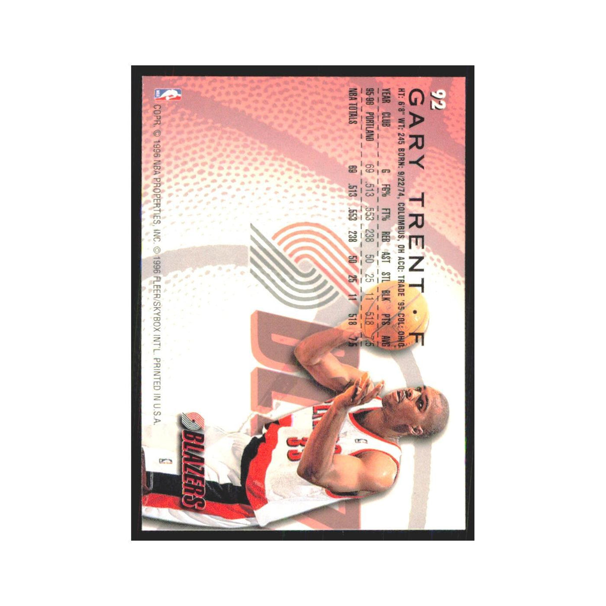 1996 Fleer Gary Trent Blazers #92