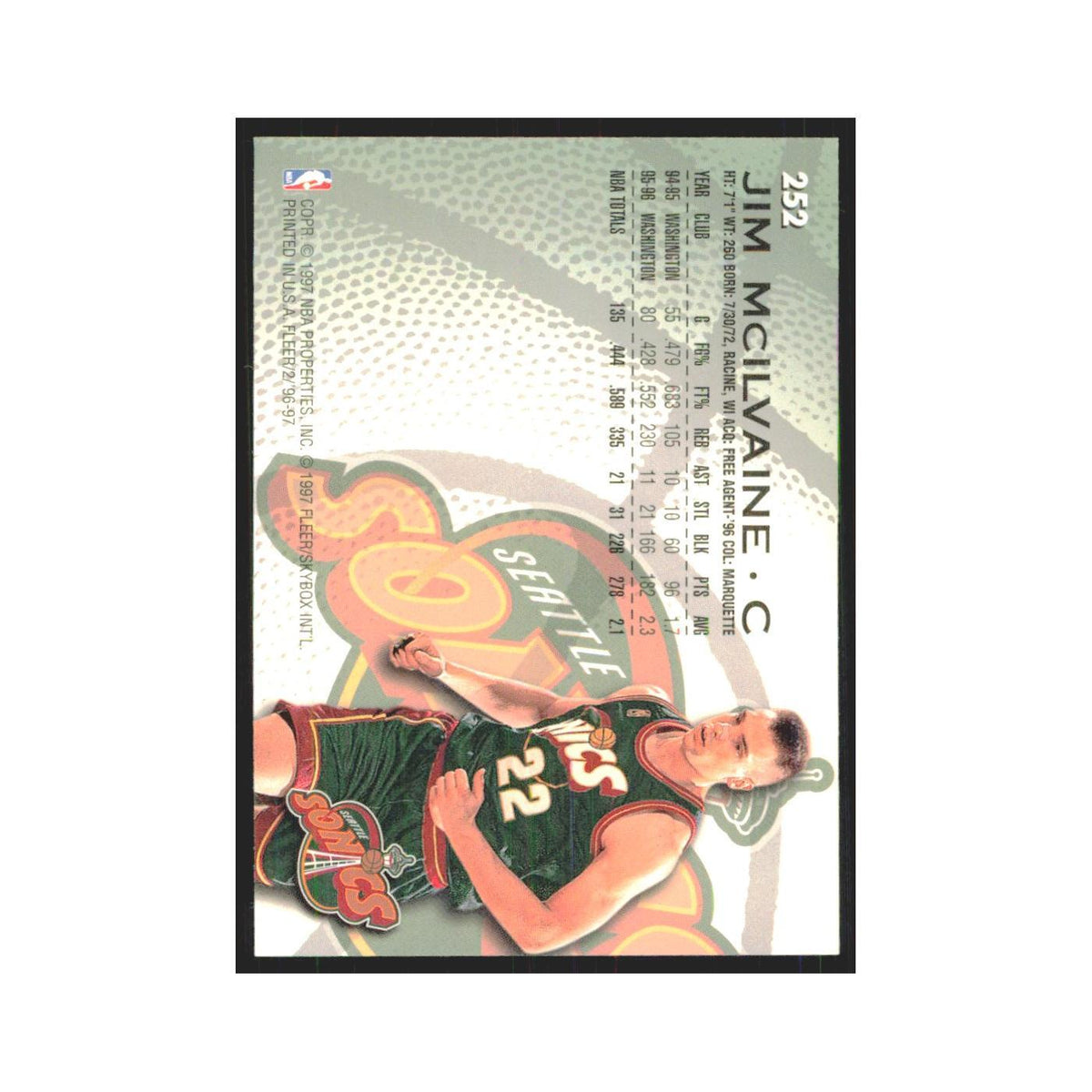 1996 Fleer Jim McIlvaine Seattle SuperSonics #252