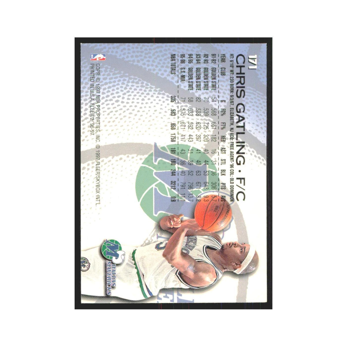 1996 Fleer Chris Gatling Mavericks #171