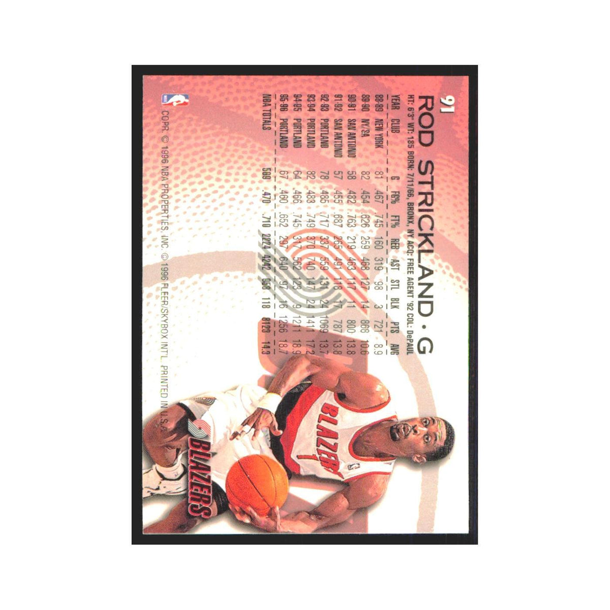 1996 Fleer Rod Strickland Blazers #91