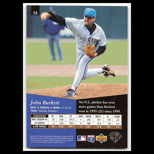 John Burkett #54 1995 Upper Deck SP Florida Marlins Baseball Card MLB NM