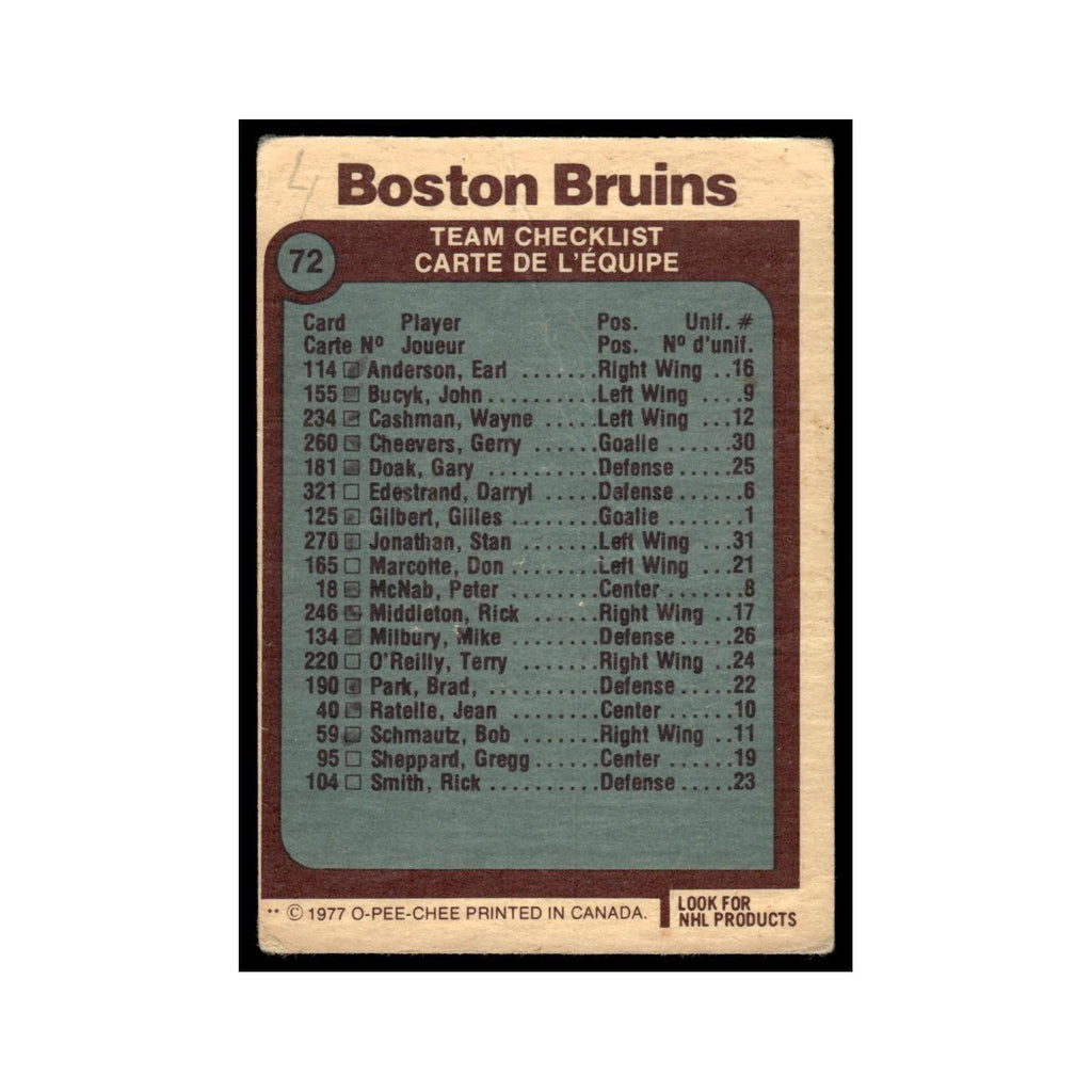 Boston Bruins Team 1977 O Pee Chee #72 Hockey Card EX