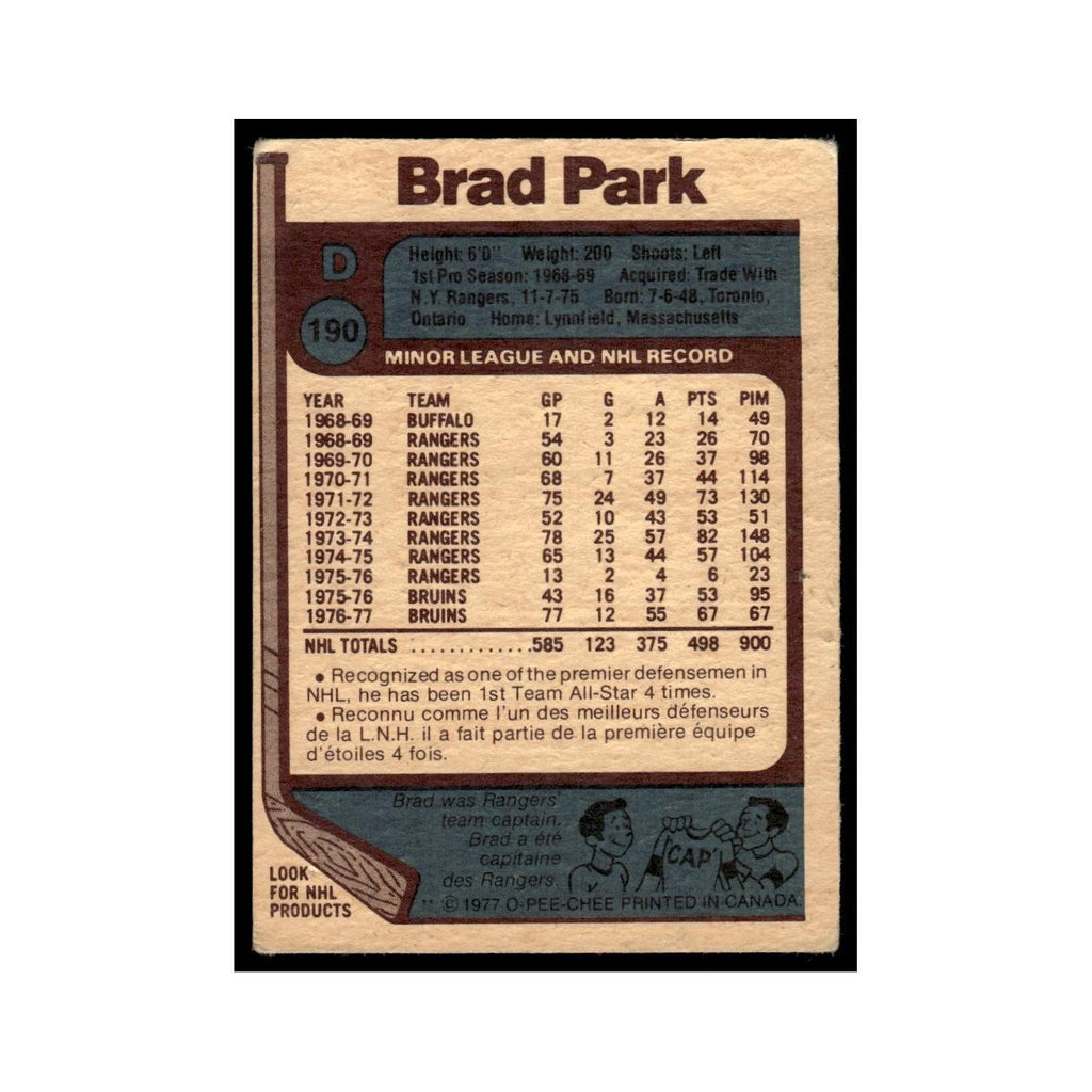 Brad Park 1977 O-Pee-Chee #190 Boston Bruins Hockey Card EX