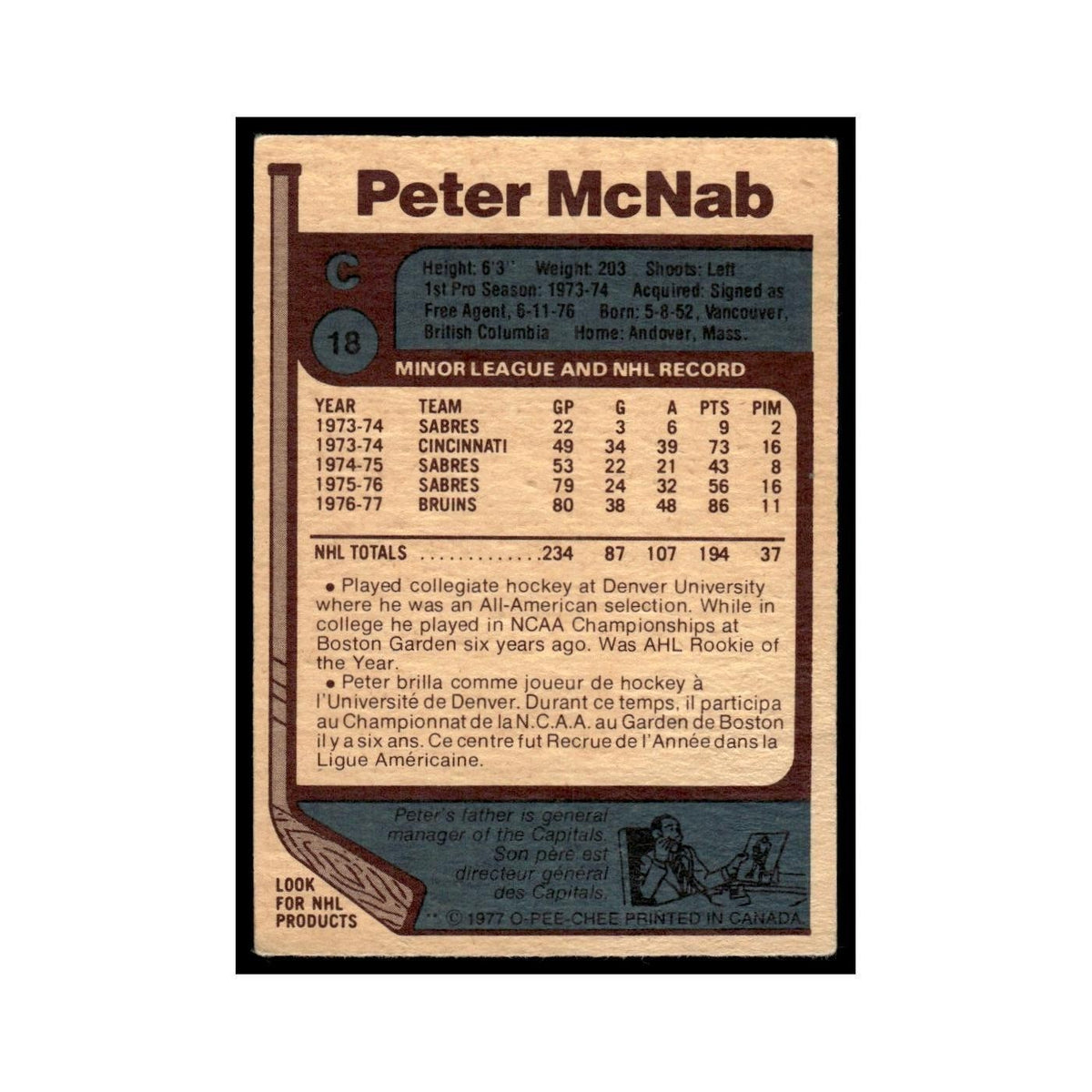 Peter McNab 1977 O-Pee-Chee #18 Boston Bruins Hockey Card EX