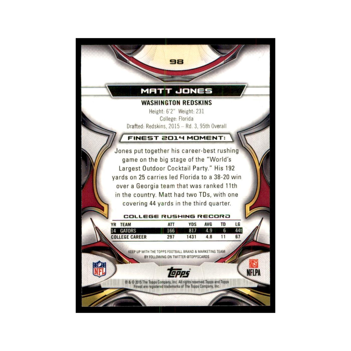 2015 Topps Finest Matt Jones RC Football Cards #98