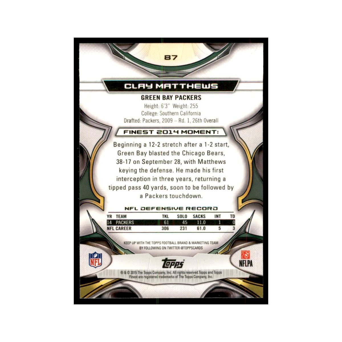 2015 Topps Finest Clay Matthews Football Cards #87