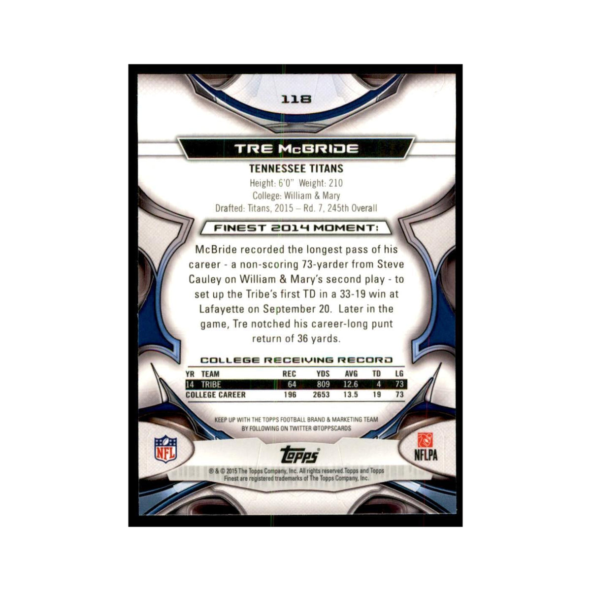 2015 Topps Finest Tre McBride RC Football Cards #118