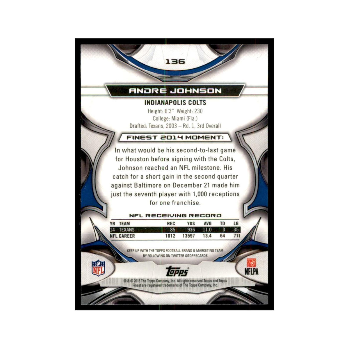 2015 Topps Finest Andre Johnson Football Cards #136