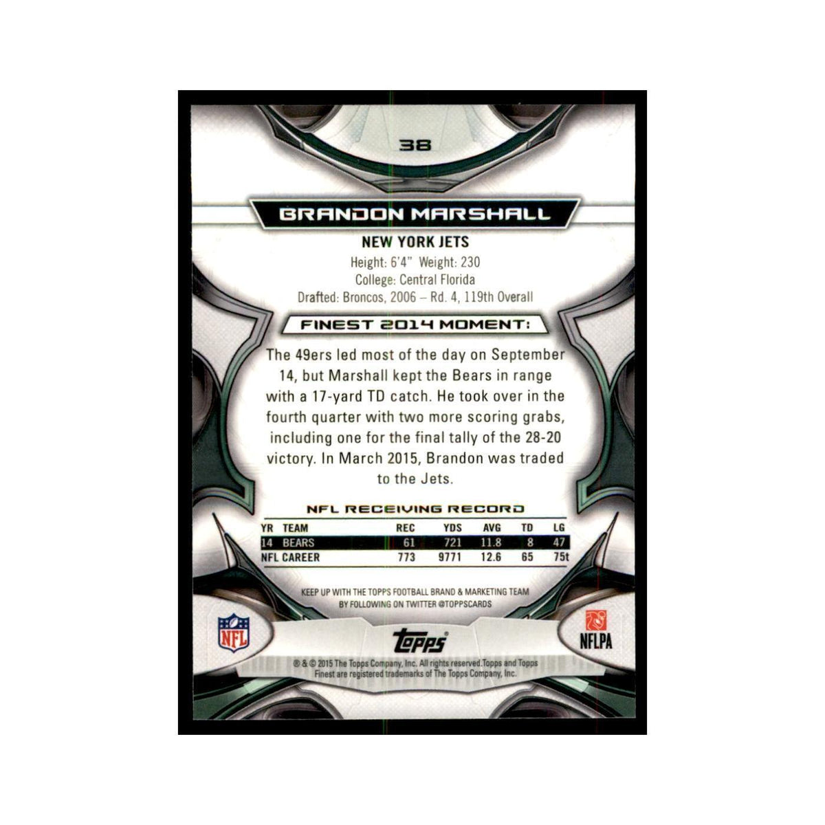 2015 Topps Finest Brandon Marshall Football Cards #38