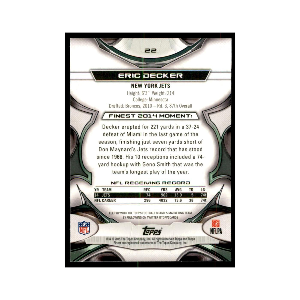 2015 Topps Finest Eric Decker Football Cards #22