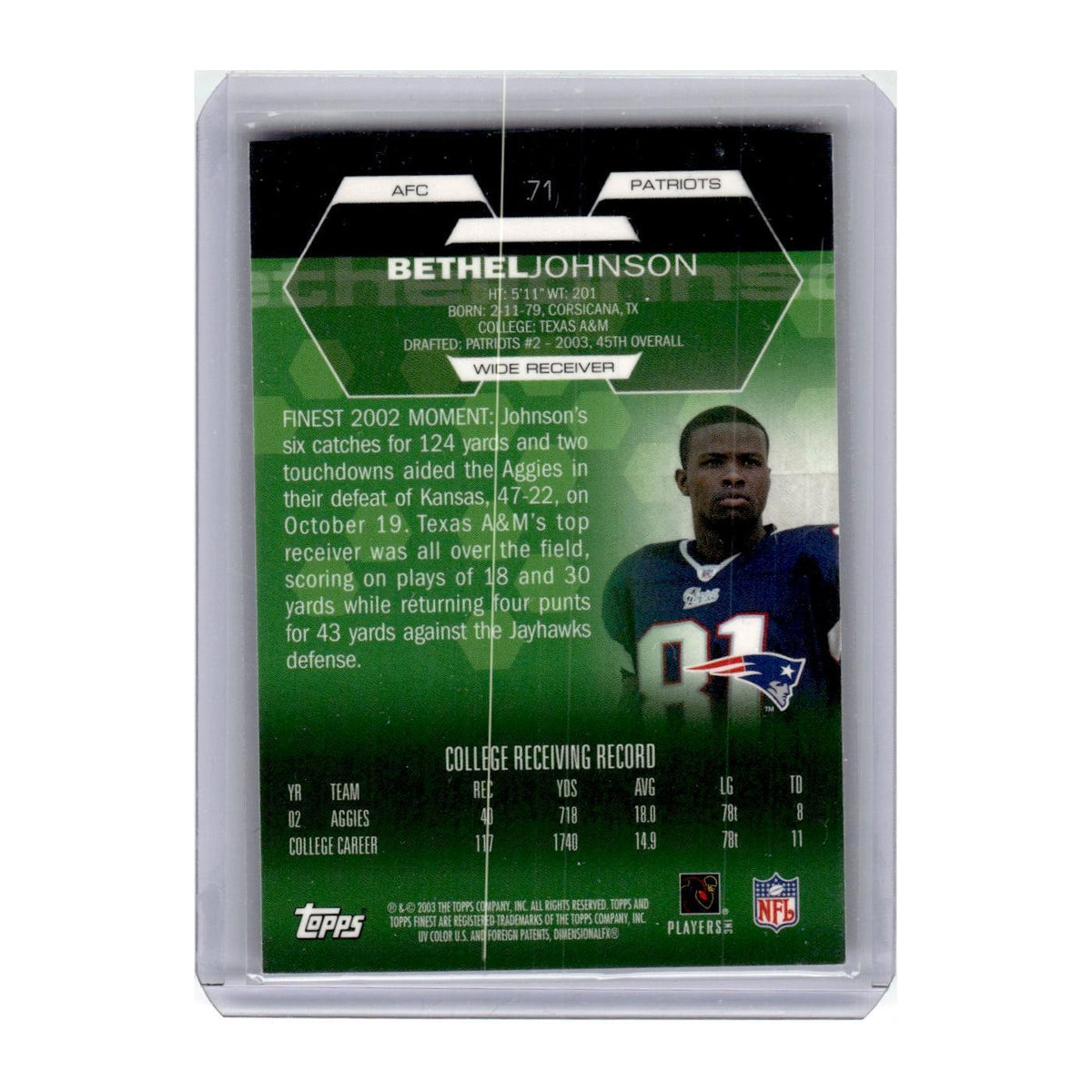 2003 Finest Bethel Johnson RC Patriots #71
