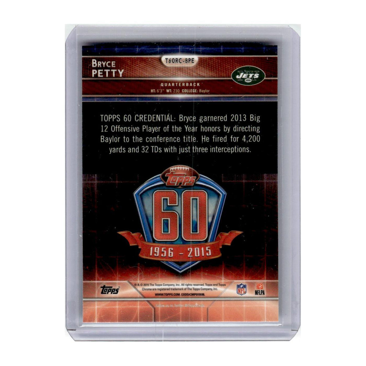 2015 Topps Chrome 60th Anniversary Bryce Petty RC Jets #T60RC-BPE