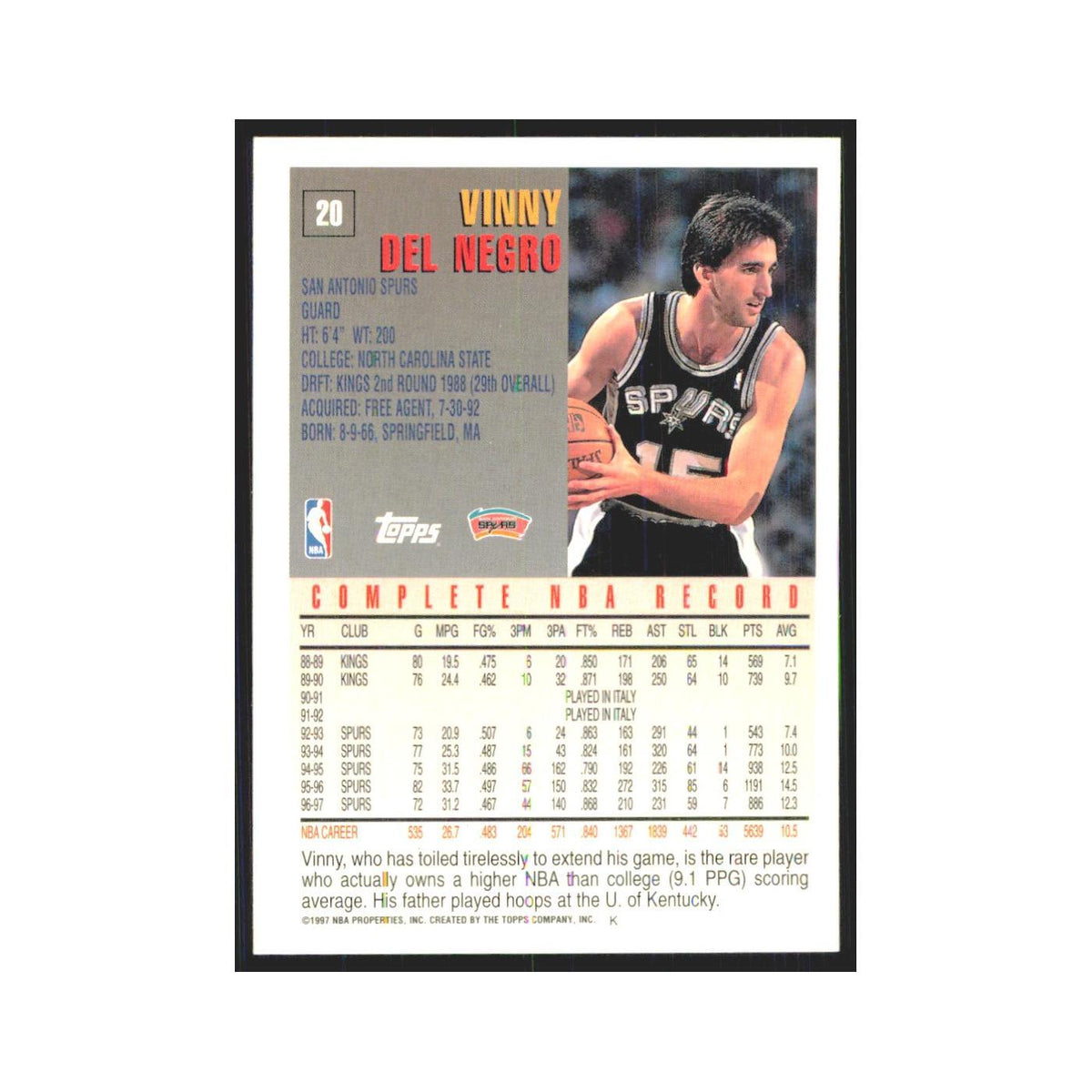 1997 Topps Vinny Del Negro Spurs #20.0