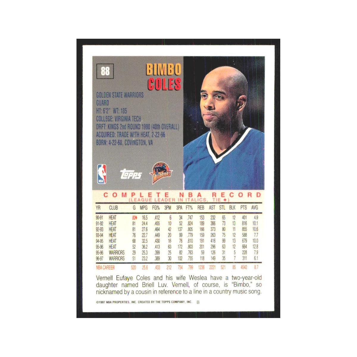 1997 Topps Bimbo Coles Golden State Warriors #88.0