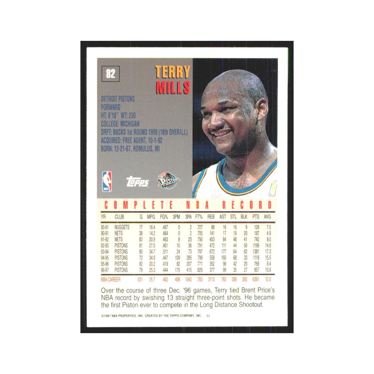 1997 Topps Terry Mills Pistons #82.0