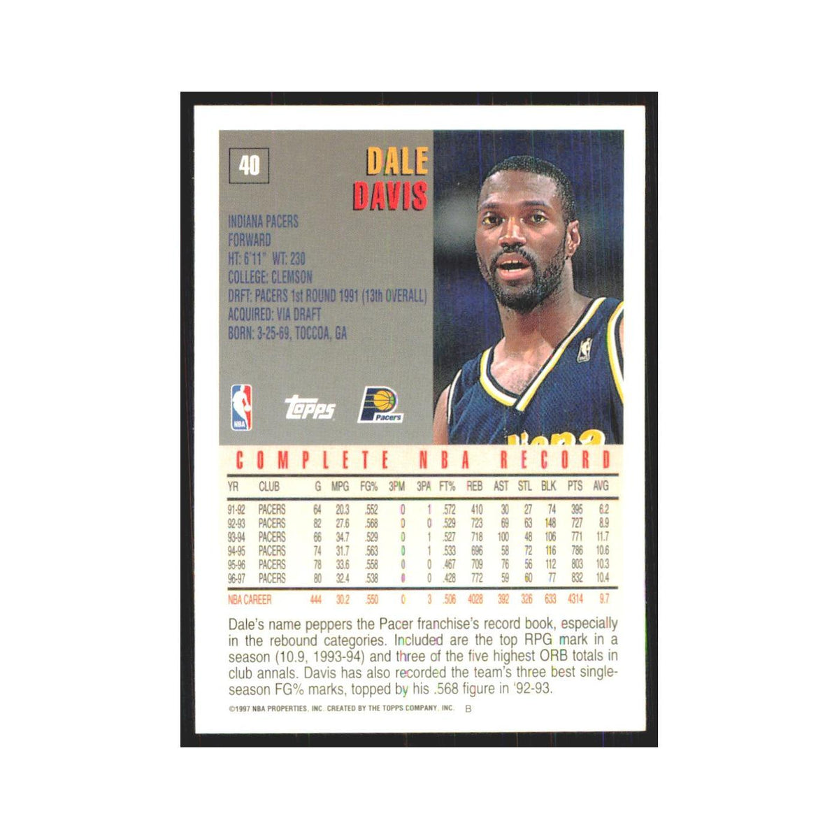 1997 Topps Dale Davis Pacers #40.0