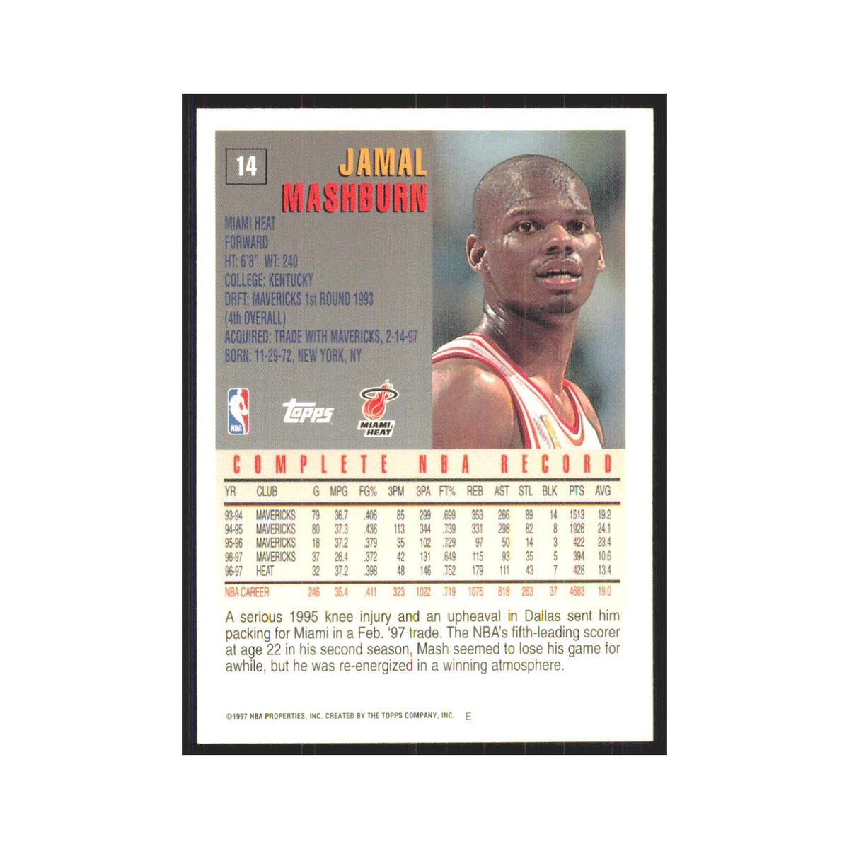 1997 Topps Jamal Mashburn Heat #14.0