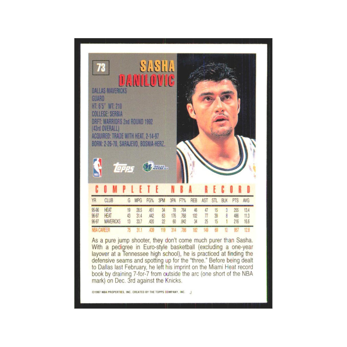 1997 Topps Sasha Danilovic Mavericks #73.0