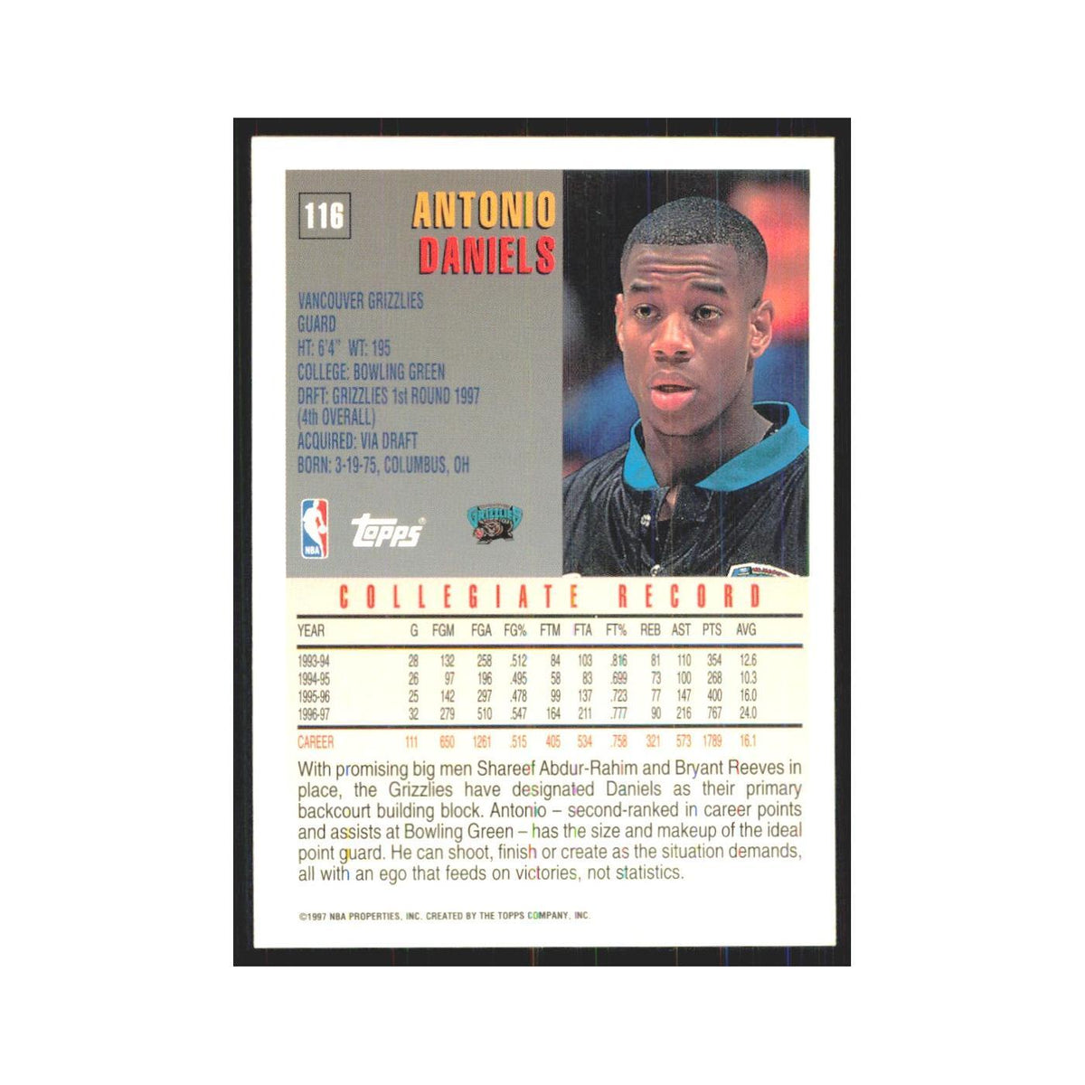 1997 Topps Antonio Daniels Vancouver Grizzlies #116.0