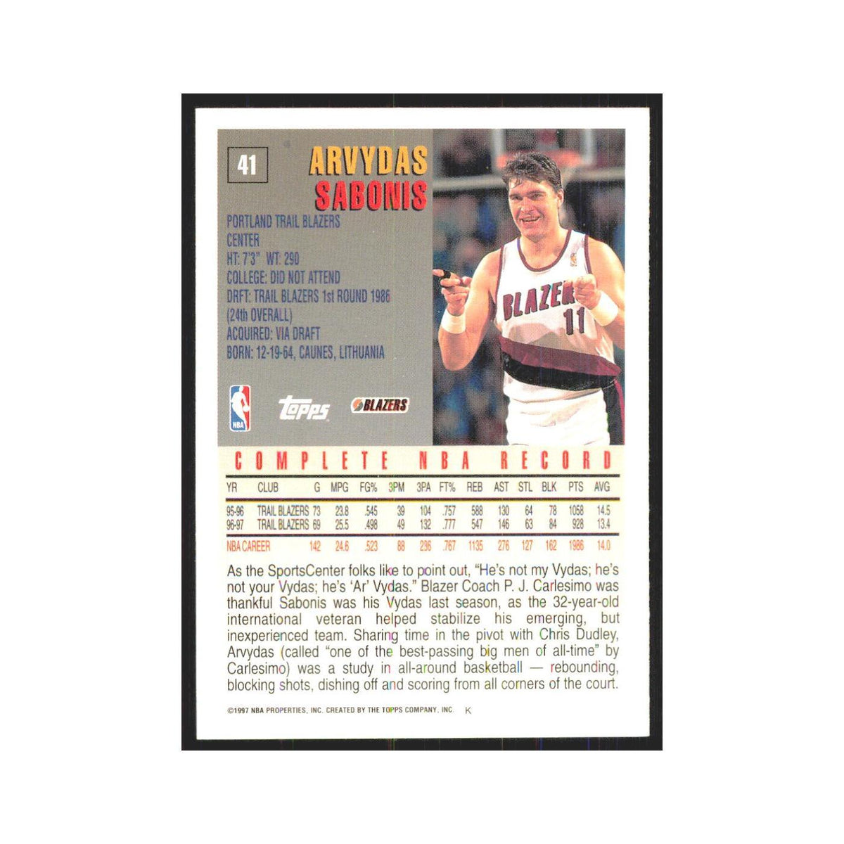 1997 Topps Arvydas Sabonis Blazers #41.0