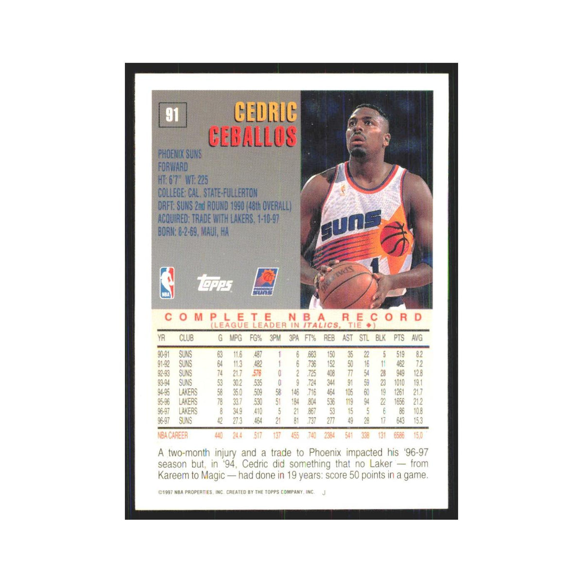 1997 Topps Cedric Ceballos Suns #91.0