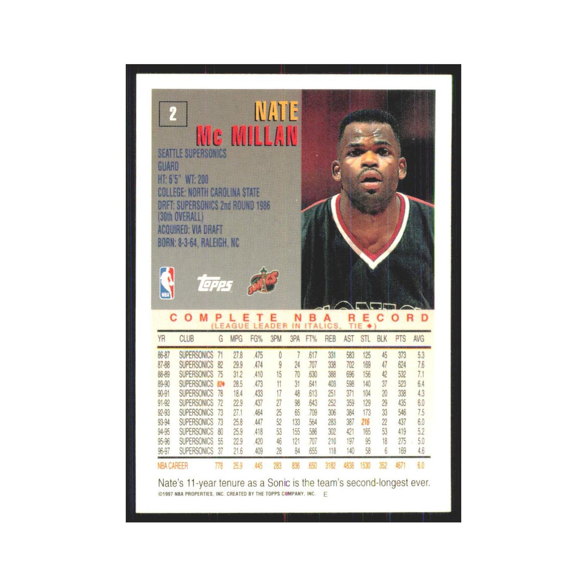 1997 Topps Nate McMillan Seattle SuperSonics #2.0
