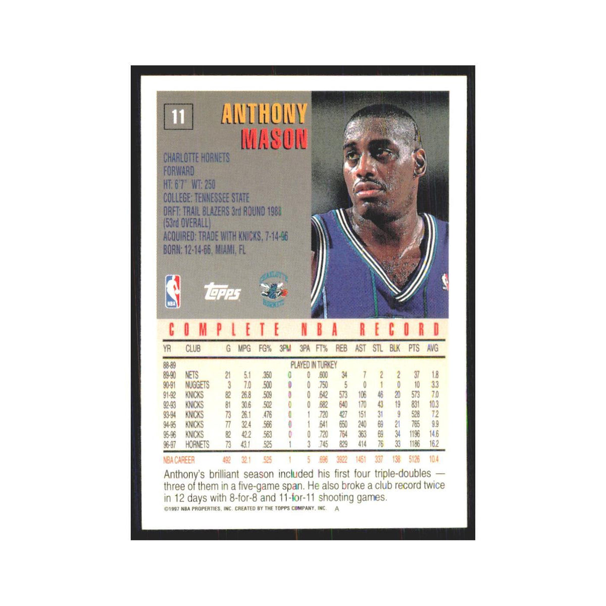 1997 Topps Anthony Mason Hornets #11.0