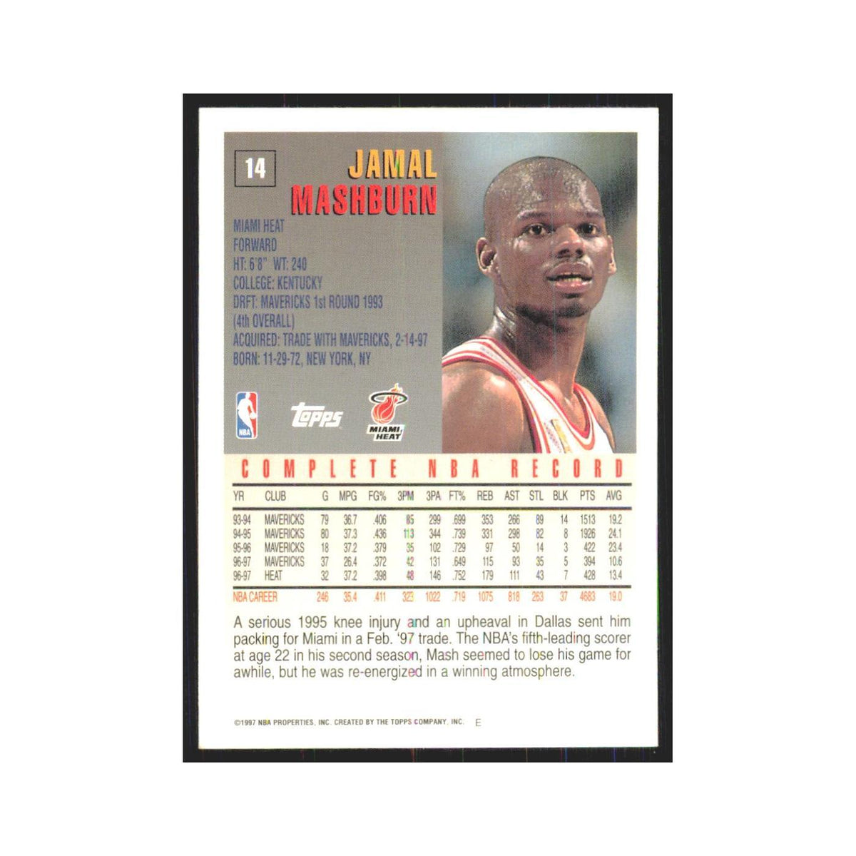 1997 Topps Jamal Mashburn Heat #14.0