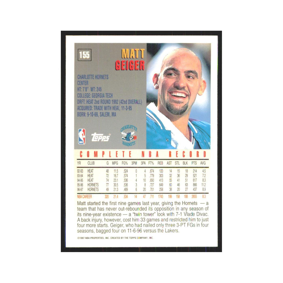 1997 Topps Matt Geiger Hornets #155.0