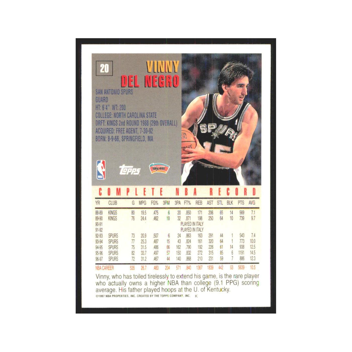 1997 Topps Vinny Del Negro Spurs #20.0