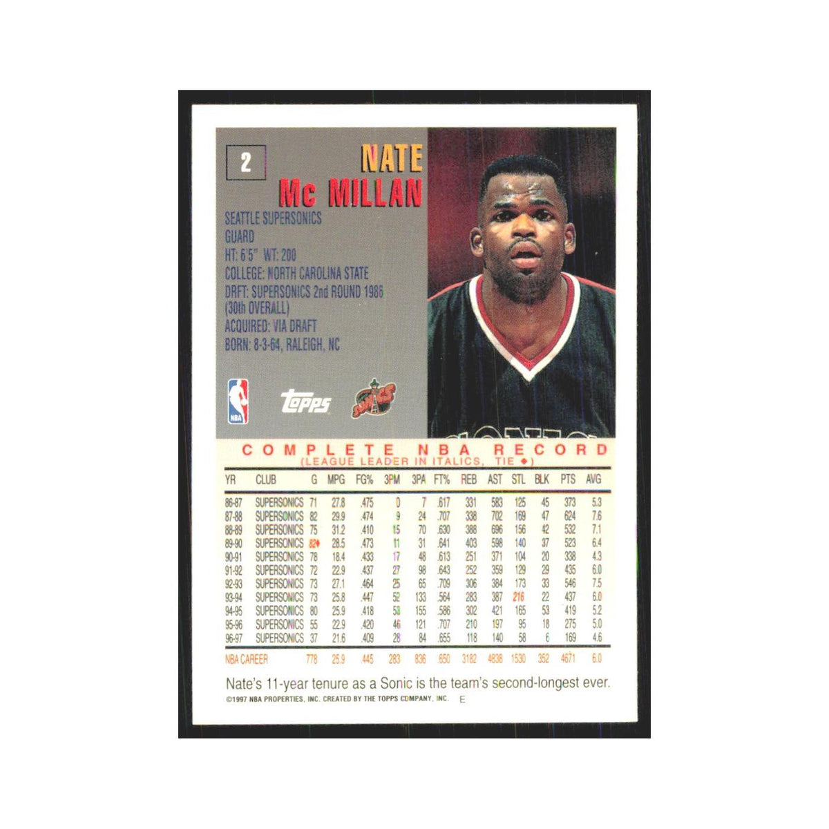 1997 Topps Nate McMillan Seattle SuperSonics #2.0