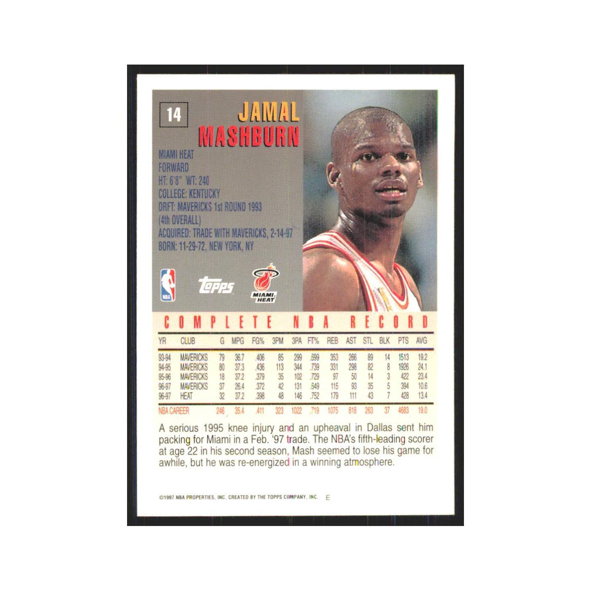 1997 Topps Jamal Mashburn Heat #14.0