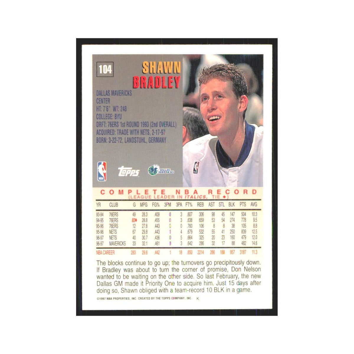 1997 Topps Shawn Bradley Mavericks #104.0
