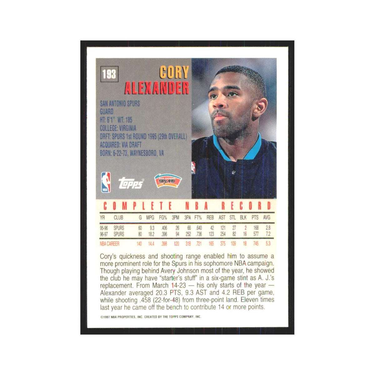 1997 Topps Cory Alexander Spurs #193.0