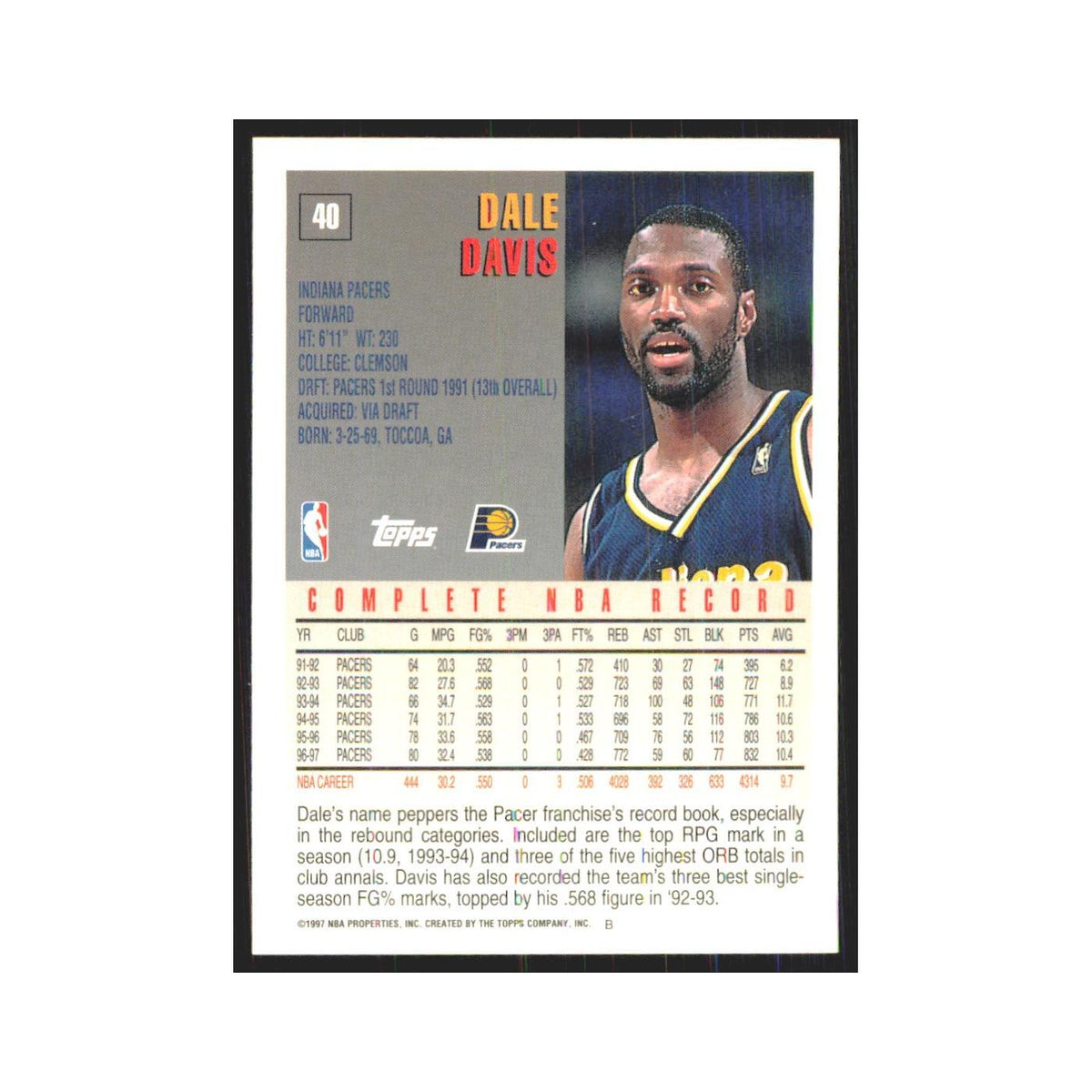 1997 Topps Dale Davis Pacers #40.0