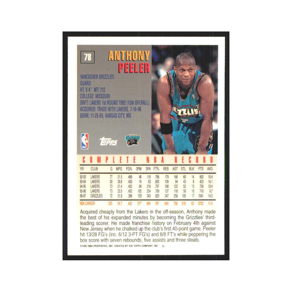 1997 Topps Anthony Peeler Vancouver Grizzlies #78.0