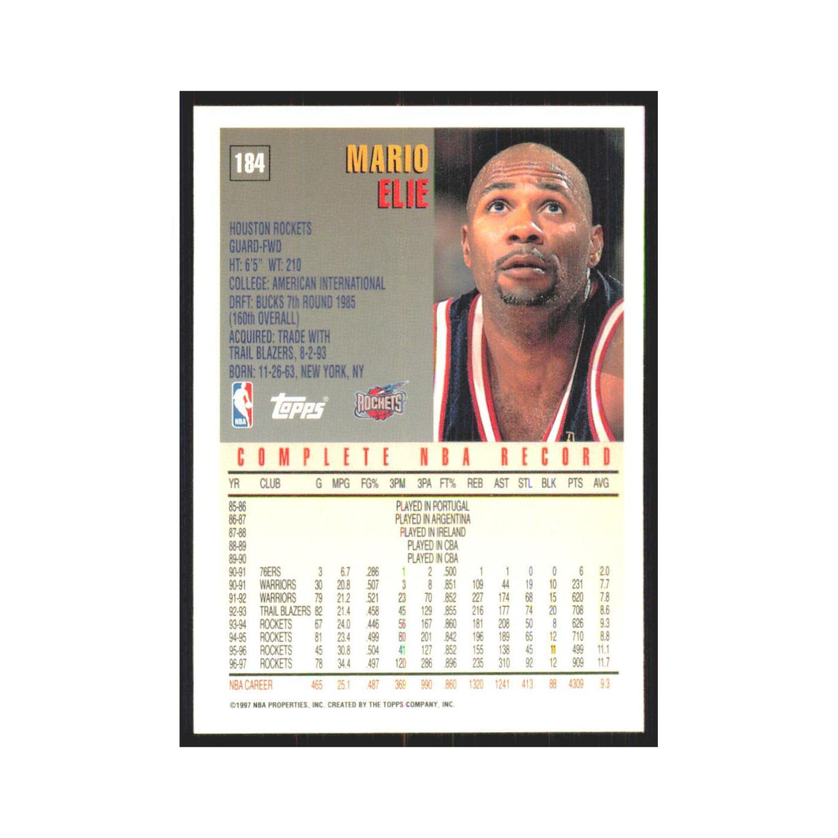 1997 Topps Mario Elie Rockets #184.0
