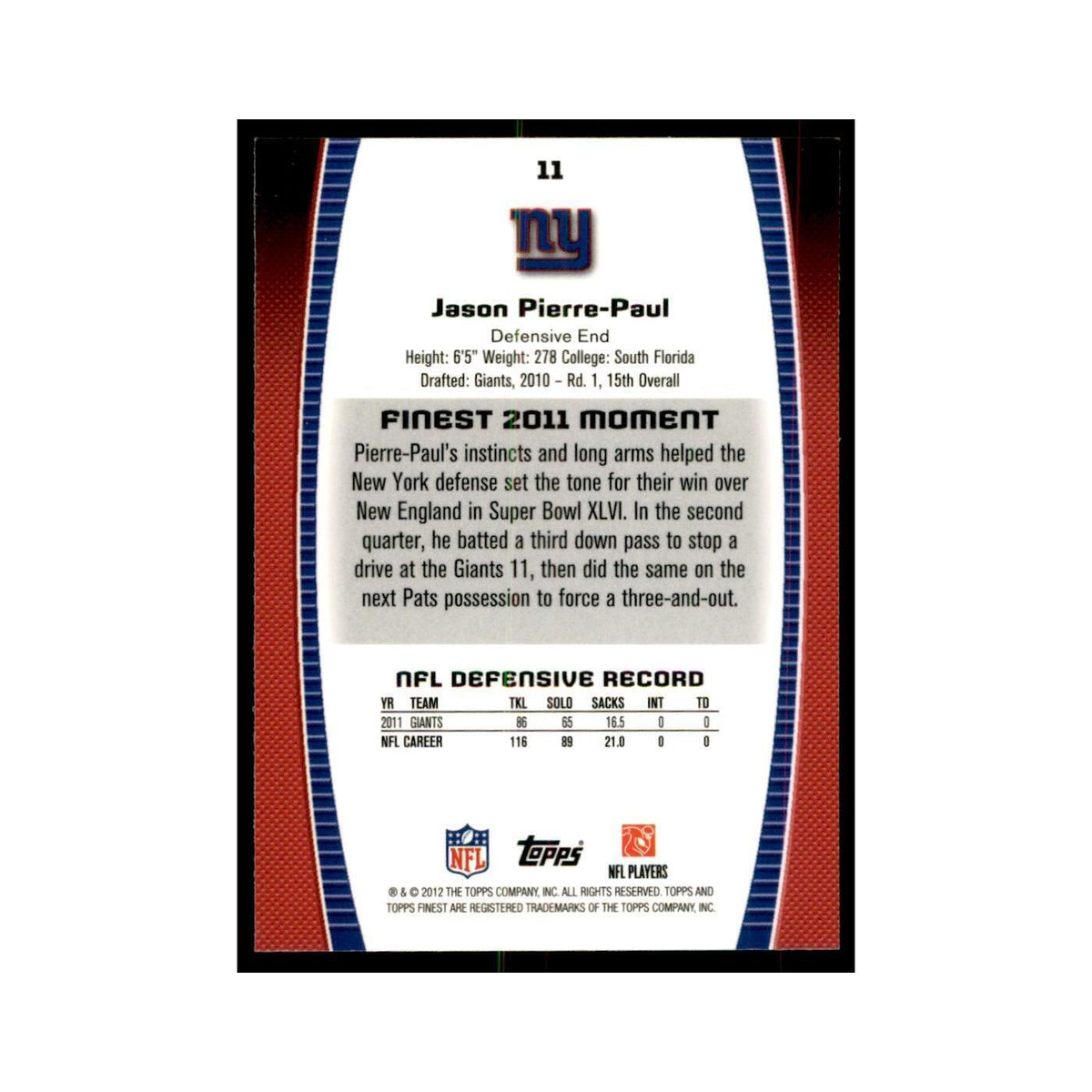 2012 Topps Finest Jason Pierre-Paul Football Cards #11