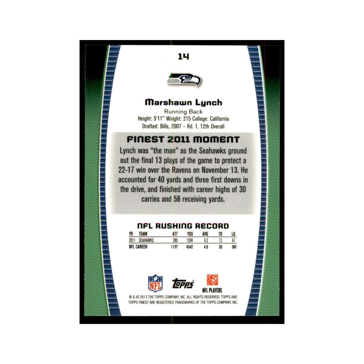2012 Topps Finest Marshawn Lynch Football Cards #14