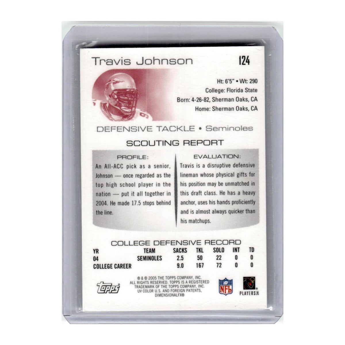 2005 Topps Draft Picks & Prospects Travis Johnson RC Florida State Seminoles