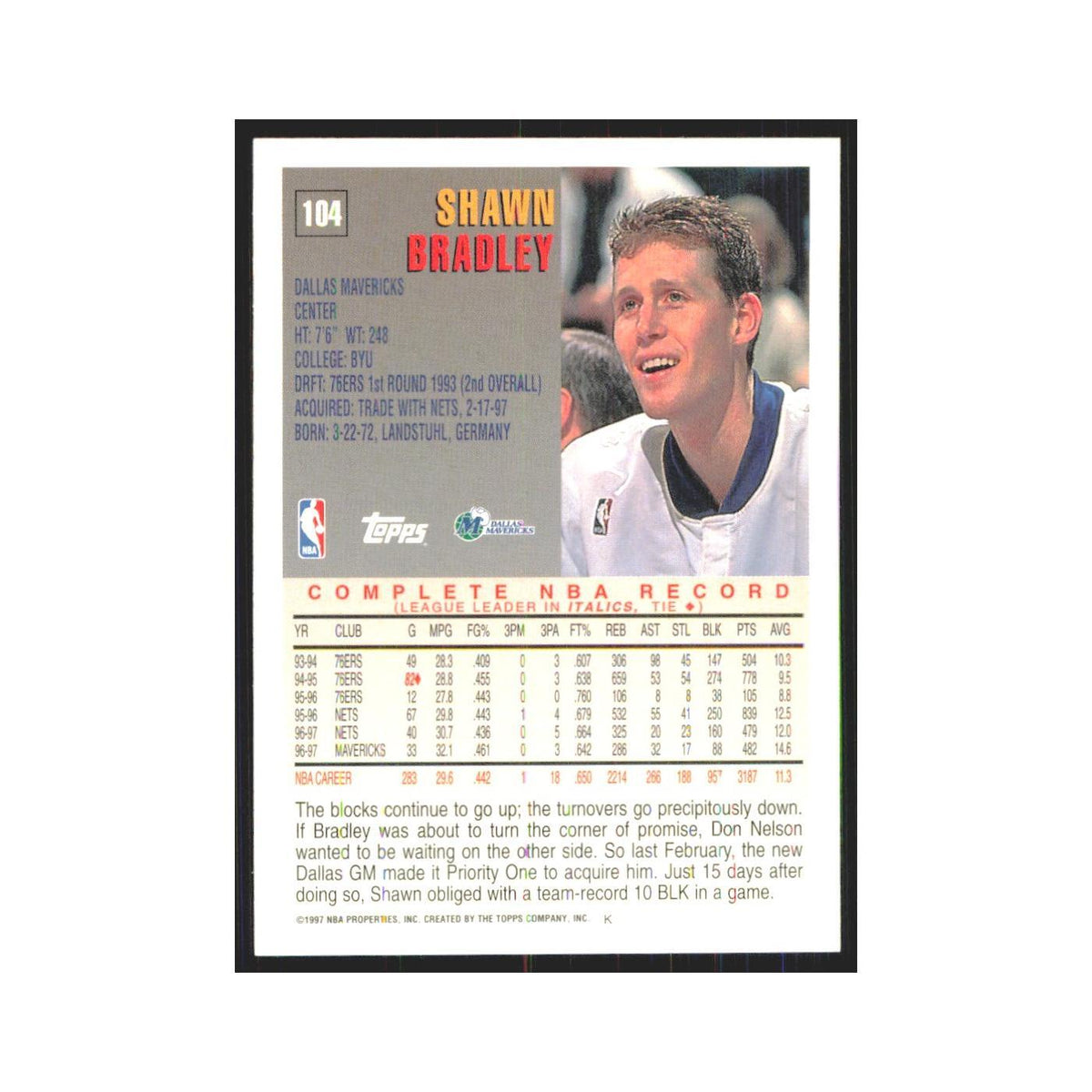 1997 Topps Shawn Bradley Mavericks #104.0